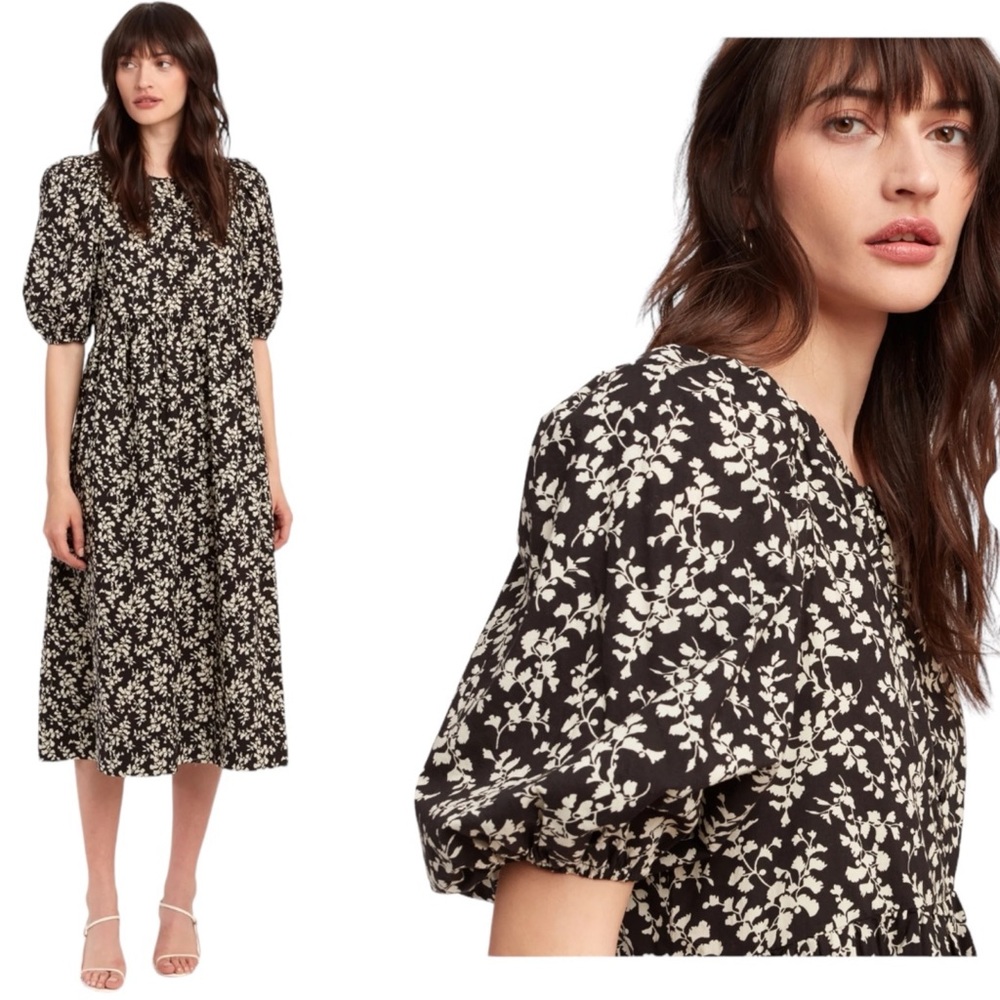 THE GREAT. Black and Cream Floral Puff-Sleeve Midi Dress